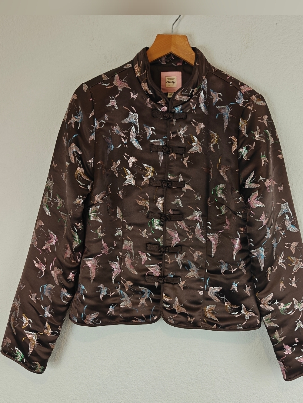 Old Navy Brown Satin Embroidered Bird Bomber Jacket